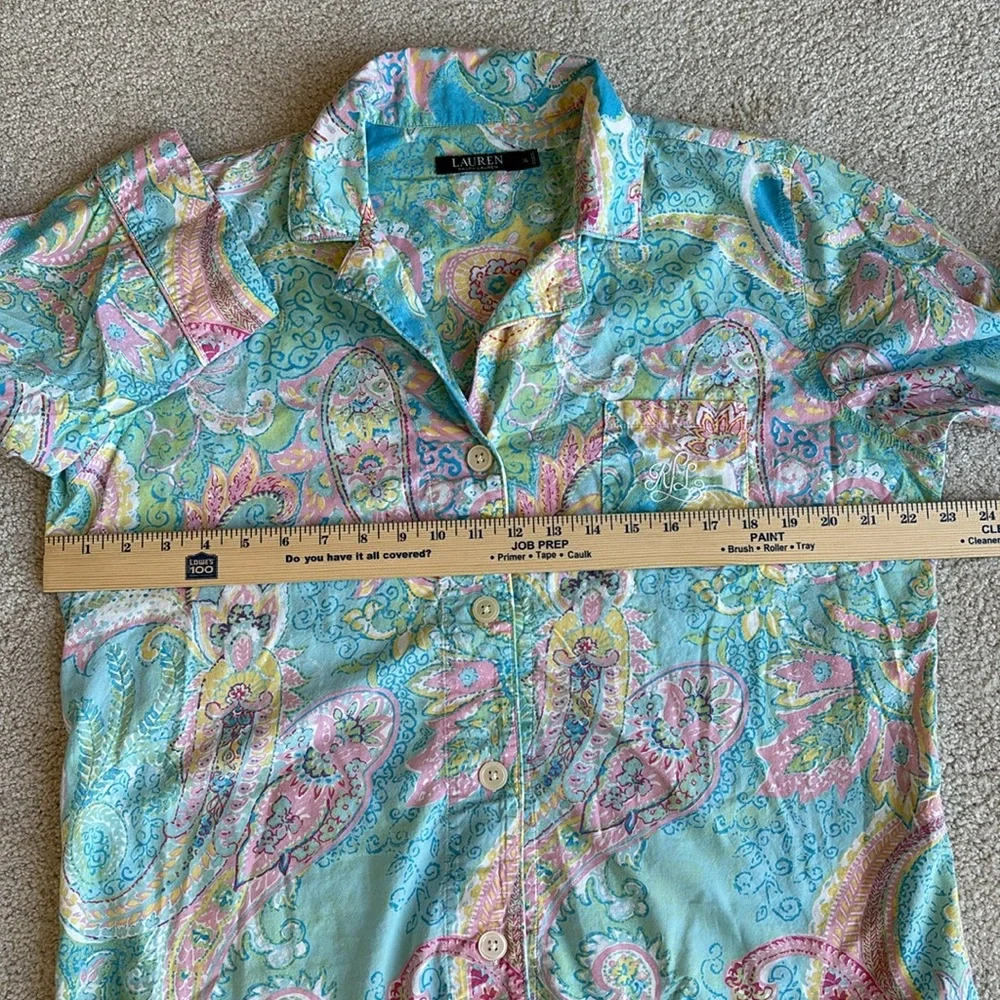 Vintage‎ Ralph Lauren Blue Pink Floral Monogram 3/4 Sleeve Pajama Top Women’s XL